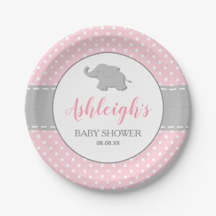 Elephant Pink Gray Polka Dot Girl Baby shower Papieren Bordje