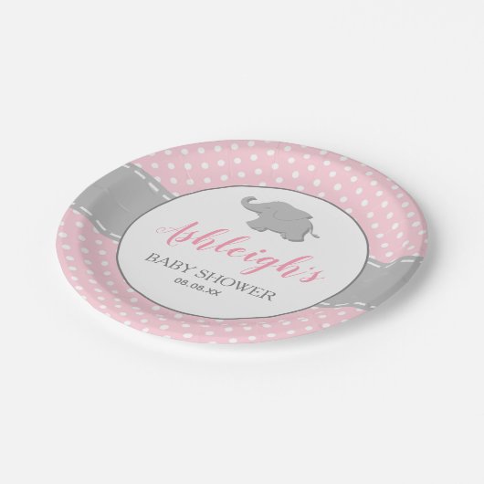 Elephant Pink Gray Polka Dot Girl Baby shower Papieren Bordje (Gekanteld)