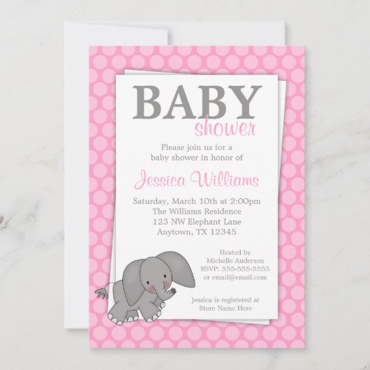 Elephant Pink Stippen Girl Baby shower Kaart (Voorkant)