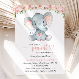 Elephant, Pink Watercolor Flowers, First Birthday Kaart