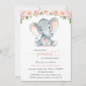 Elephant, Pink Watercolor Flowers, First Birthday Kaart (Voorkant)