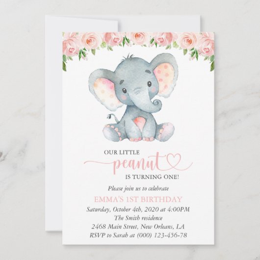 Elephant, Pink Watercolor Flowers, First Birthday Kaart (Voorkant)