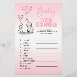 Elephant Pink White Girl Baby shower WORD SCRAMBLE Flyer