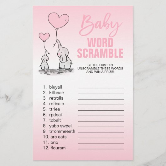 Elephant Pink White Girl Baby shower WORD SCRAMBLE Flyer (Voorkant)