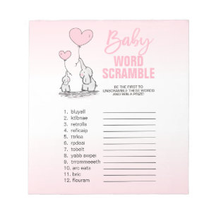 Elephant Pink White Girl Baby shower WORD SCRAMBLE Notitieblok