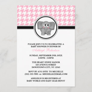 Elephant Pink & White Houndstooth Baby shower Kaart