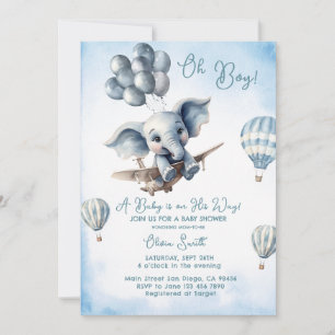 Elephant Plane Adventure Oh Boy Baby shower Kaart