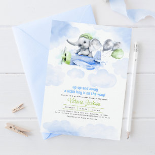 Elephant & Plane Blue Green Grey Baby shower Kaart