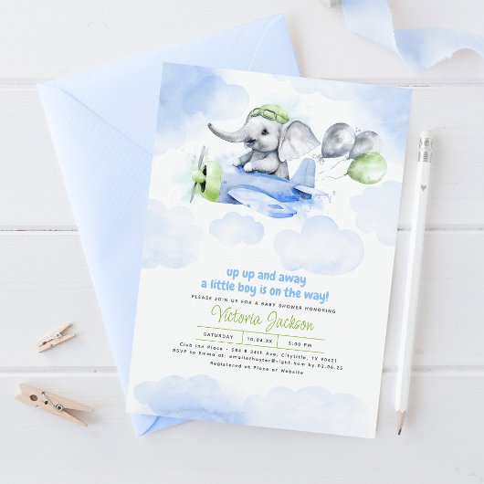 Elephant & Plane Blue Green Grey Baby shower Kaart
