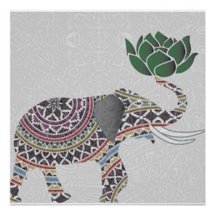 Elephant Poster Indiaas Bohemisch Ontwerp met Lotu