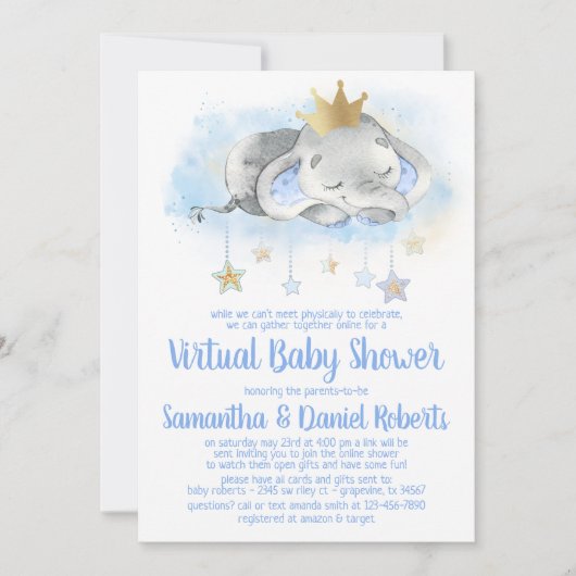 Elephant Prince Virtual Baby shower Uitnodiging (Voorkant)