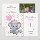 Elephant Princess Girl Birthday Party Invitation Kaart (Voorkant / Achterkant)