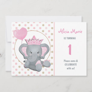 Elephant Princess Girl Birthday Party Invitation Kaart