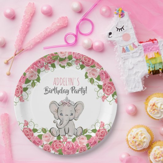 Elephant Princess Tiara Pink Little Girl Birthday Papieren Bordje (Feest)