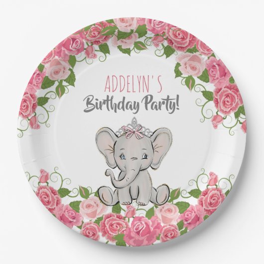 Elephant Princess Tiara Pink Little Girl Birthday Papieren Bordje (Voorkant)