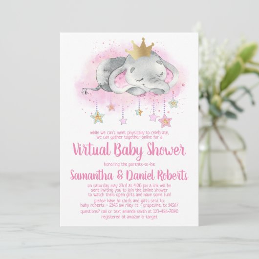 Elephant Princess Virtual Baby shower Kaart (Staand voorkant)