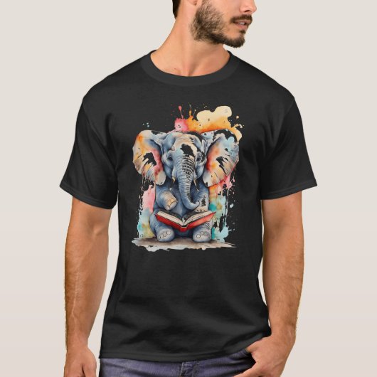 Elephant Reading Book Funny Animal Art Print Graph T-shirt (Voorkant)