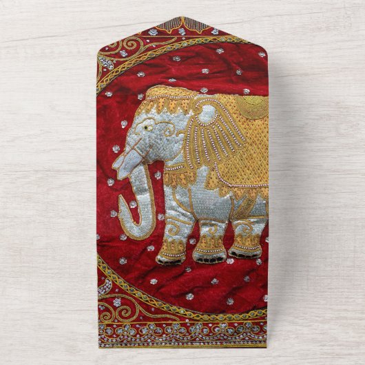Elephant Red en Gold in India All In One Uitnodiging (Buitenkant)