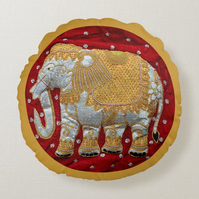 Elephant Red en Gold in India Rond Kussen (Voorkant)