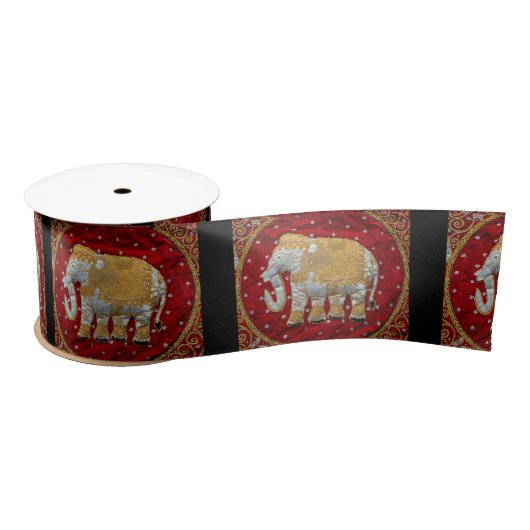 Elephant Red en Gold in India Satijnen Lint (Spoel)