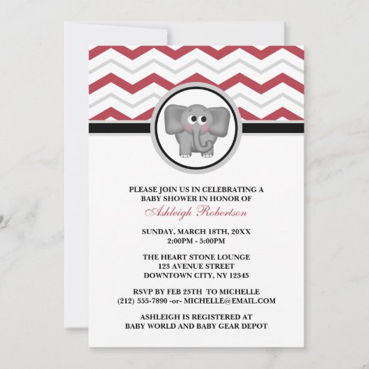 Elephant Red Gray Chevron Baby Shower-uitvindingen Kaart (Voorkant)