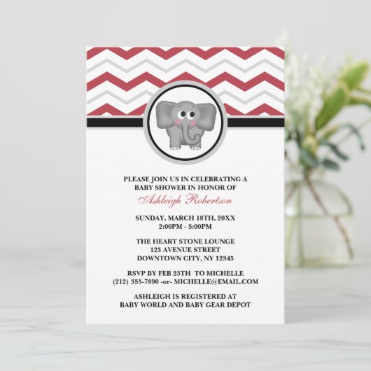 Elephant Red Gray Chevron Baby Shower-uitvindingen Kaart (Staand voorkant)