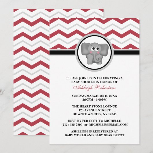 Elephant Red Gray Chevron Baby Shower-uitvindingen Kaart (Voorkant / Achterkant)