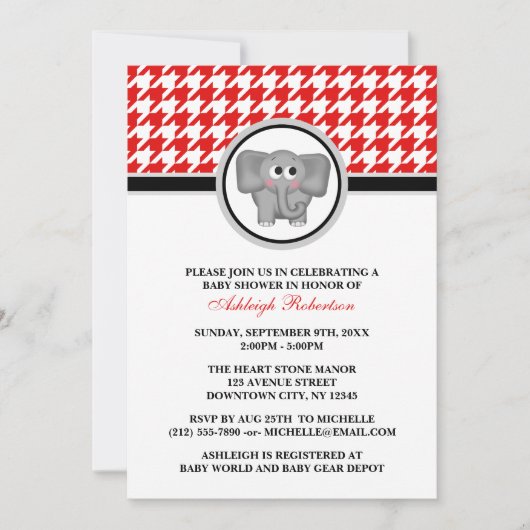 Elephant Red & White Houndstooth Baby shower Kaart (Voorkant)