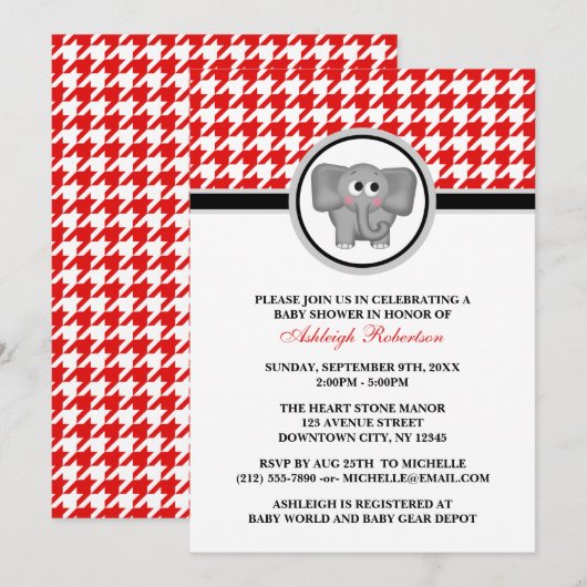 Elephant Red & White Houndstooth Baby shower Kaart (Voorkant / Achterkant)