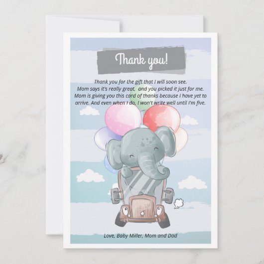 Elephant-rijjongen baby shower bedankt je kaart (Voorkant)