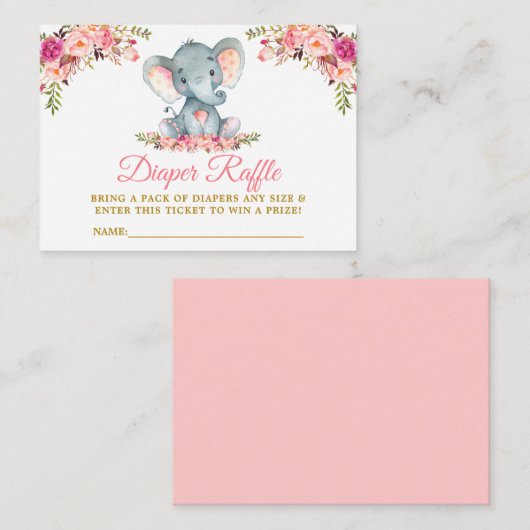 Elephant Roze Bloemen Luier Raffle Douche Goud Informatiekaartje (Voorkant / Achterkant)