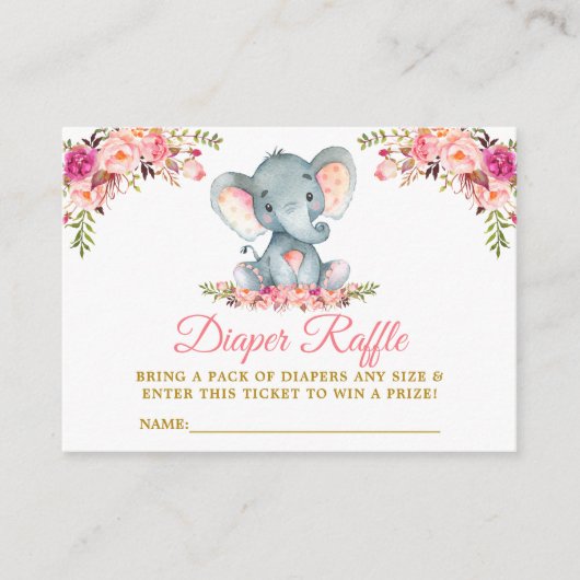 Elephant Roze Bloemen Luier Raffle Douche Goud Informatiekaartje (Voorkant)