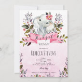 Elephant Roze Bloemen Meisje baby shower uitnodigi Kaart (Voorkant)