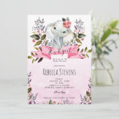 Elephant Roze Bloemen Meisje baby shower uitnodigi Kaart (Staand voorkant)
