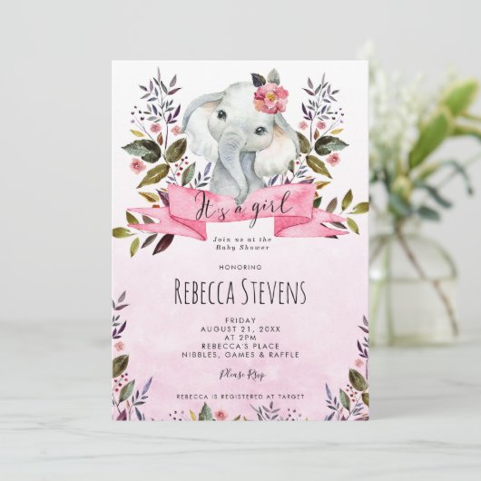 Elephant Roze Bloemen Meisje baby shower uitnodigi Kaart (Staand voorkant)