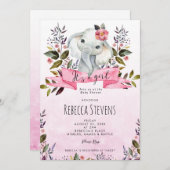 Elephant Roze Bloemen Meisje baby shower uitnodigi Kaart (Voorkant / Achterkant)