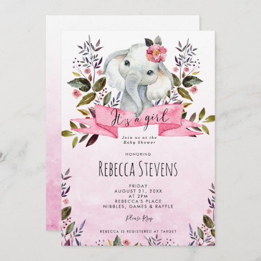 Elephant Roze Bloemen Meisje baby shower uitnodigi Kaart (Voorkant / Achterkant)