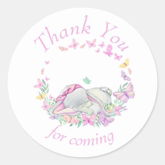 Elephant roze Butterflies Baby shower Dank u wel Ronde Sticker (Voorkant)