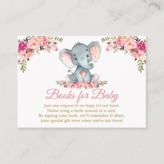 Elephant roze Floral Gold Books voor Baby shower Informatiekaartje (Voorkant)