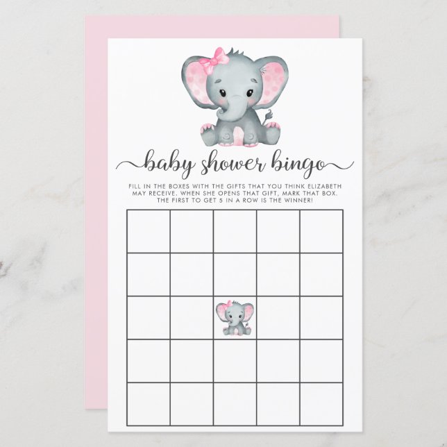 Elephant roze Waterverf Baby Bingo Shower Game (Voorkant / Achterkant)
