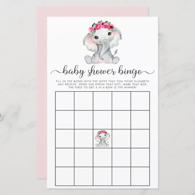 Elephant roze Waterverf Bingo Baby shower Game (Voorkant / Achterkant)