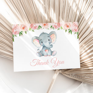 Elephant, roze Waterverf Flowers, Baby shower Bedankkaart