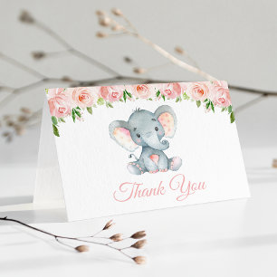 Elephant, roze Waterverf Flowers, Baby shower Bedankkaart