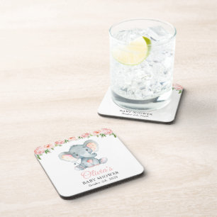 Elephant, roze Waterverf Flowers, Baby shower Bier Onderzetter