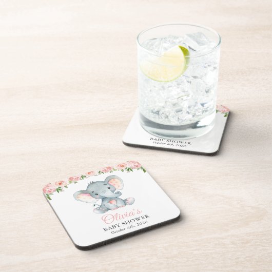 Elephant, roze Waterverf Flowers, Baby shower Bier Onderzetter (Rechterzijde)