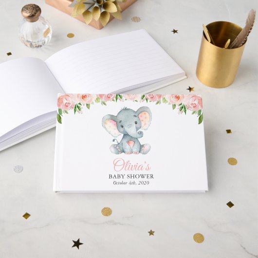 Elephant, roze Waterverf Flowers, Baby shower Gastenboek (Voorkant open)
