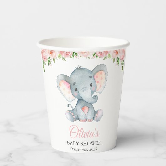 Elephant, roze Waterverf Flowers, Baby shower Papieren Bekers (Achterkant)