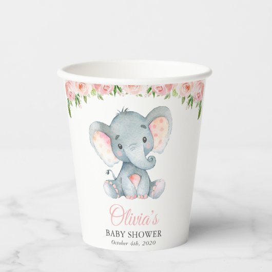 Elephant, roze Waterverf Flowers, Baby shower Papieren Bekers (Voorkant)