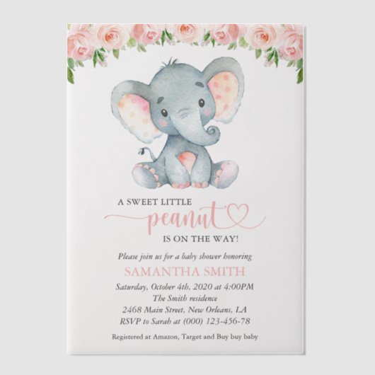 Elephant, roze Waterverf Flowers, Baby shower Vellum Uitnodigingen (Voorkant)