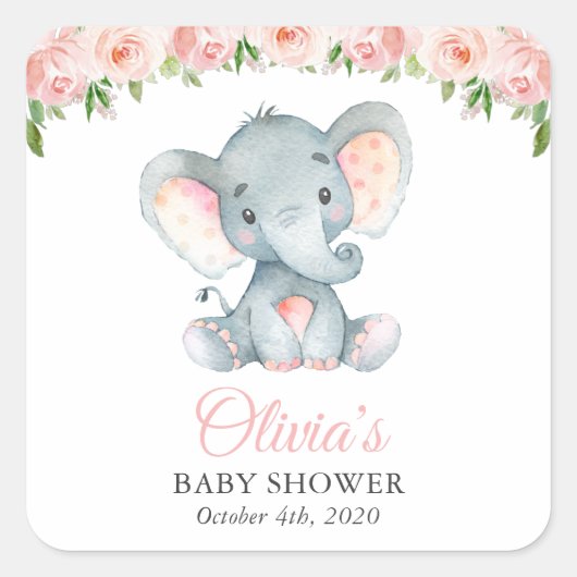 Elephant, roze Waterverf Flowers, Baby shower Vierkante Sticker (Voorkant)